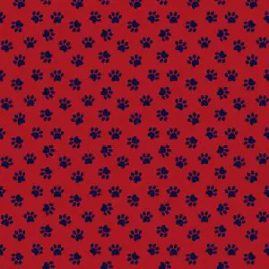 Pfoten rot-marineblau Stoffdesign mit kleinen Marine-Pfoten auf rotem Hintergrund für Taschen, Kleidung und kreative Handmade-Projekte
