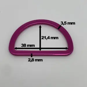 D-Ring Intense Colors Pink in flacher Ausführung für 38 mm Gurtband mit Maßangaben – Innenbreite ca. 38 mm, Innenhöhe ca. 21,4 mm sowie Materialstärke von ca. 2,8 bis 3,5 mm.