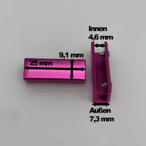 Gurtbandendstück Intense Colors Pink für 25 mm Gurtband mit Maßangaben – Breite ca. 25 mm, Höhe ca. 9,1 mm, Innenbreite ca. 4,6 mm und Außenbreite ca. 7,3 mm.