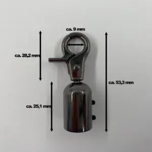 Kordelkarabiner in Gunmetal mit Maßangaben – ca. 53,3 mm Gesamtlänge, Karabiner ca. 28,2 mm, Kordel-Endstück ca. 25,1 mm und Karabiner-Innenöffnung ca. 9 mm.